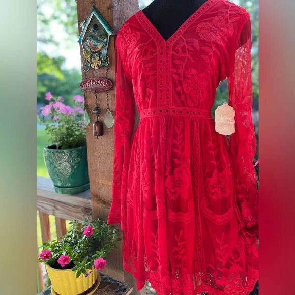 Altar'd State | Dresses | Altard State Red Romantic Cottagecore Lace  Overlay V Neck Fit Flare Dress | Poshmark